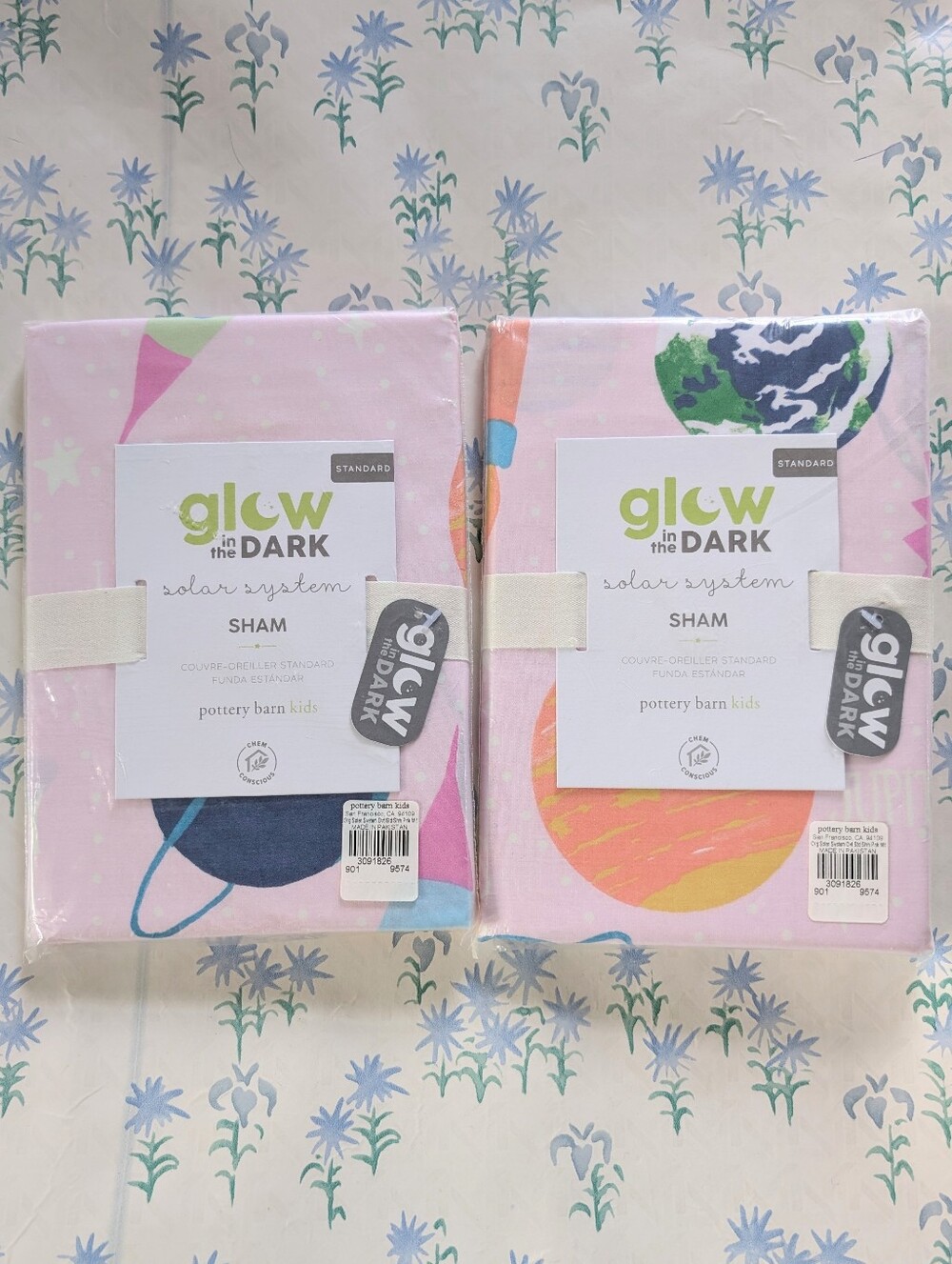 Set of 2 Pottery Barn Solar System Glow-in-the-Dark Pillow Shams NEW Pink Pastel